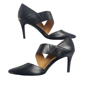 Calvin Klein Womens Pumps 7 Black Ginostra Leather Pointed-Toe Gold Accent  Heel